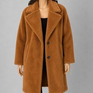 Hartly Women Teddy Coat Camel Faux Fur Plaid Lined Long Sleeve L‎
